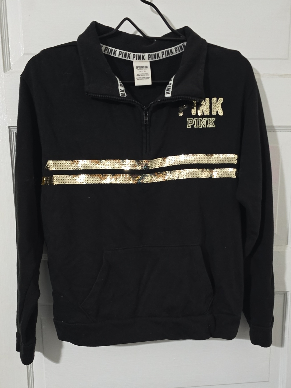 PINK Victoria's Secret Black Quarter-Zip Sweater with Gold Sequin Stripes